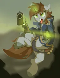 Size: 935x1200 | Tagged: safe, artist:vertexpaint, derpibooru import, oc, oc:littlepip, unofficial characters only, pony, unicorn, fallout equestria, belt, clothes, fangs, female, gun, handgun, horn, image, jpeg, magic, mare, open mouth, pipbuck, solo, telekinesis, tongue out, unicorn oc, weapon