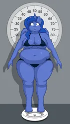 Size: 1124x2000 | Tagged: suggestive, artist:lordstormcaller, derpibooru import, princess luna, anthro, bbw, belly, big belly, bikini, clothes, fat, image, jpeg, obese, overweight, princess moonpig, scale, shocked, shocked expression, swimsuit, thick, thighs, thunder thighs, weight gain, wide hips