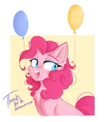 Size: 795x925 | Tagged: safe, artist:thieftea, derpibooru import, pinkie pie, earth pony, pony, balloon, blue eyes, chest fluff, ear fluff, image, open mouth, pink mane, png, simple background, smiley face, solo, text, thanks