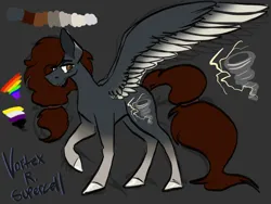Size: 2224x1668 | Tagged: safe, artist:maplefr0st, derpibooru import, oc, oc:vortex r supercell, pegasus, brown eyes, character concept, clothes, coat, colored, colored wings, colored wingtips, concept art, gay pride, gay pride flag, gray, hooves, image, lightning, nonbinary, png, pride, pride flag, storm, supercell, tied hair, tornado, twister, weather, wings