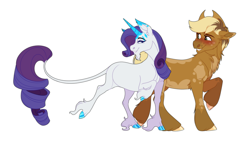 Size: 3000x1700 | Tagged: safe, artist:uunicornicc, derpibooru import, applejack, rarity, pony, alternate design, applejack's hat, blushing, chest fluff, cloven hooves, coat markings, colored hooves, cowboy hat, duo, duo female, facial hair, female, goatee, hat, image, leonine tail, looking at each other, mare, piebald coloring, png, short hair, simple background, smiling, transparent background, unshorn fetlocks