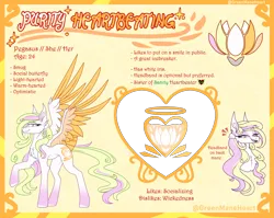 Size: 5400x4300 | Tagged: safe, artist:greenmaneheart, derpibooru import, oc, oc:purity heartbeating, unofficial characters only, pegasus, pony, absurd resolution, colored wings, eyebrows, eyebrows visible through hair, female, image, mare, multicolored wings, open mouth, open smile, pegasus oc, png, reference sheet, signature, smiling, solo, spread wings, wings