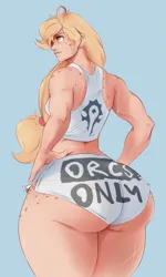 Size: 737x1232 | Tagged: suggestive, artist:sundown, edit, editor:anonymous, applejack, human, /trash/, 4chan, applebutt, ass, breasts, butt, clothes, extra thicc, female, huge butt, humanized, image, jacqueline applebuck, large butt, orced, png, scar, shorts, solo, solo female, tanktop, that one freckle