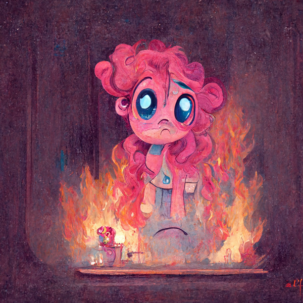 Size: 1024x1024 | Tagged: safe, derpibooru import, machine learning generated, pinkie pie, crying, fire, image, midjourney, png, solo