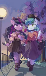 Size: 2516x4096 | Tagged: safe, artist:saxopi, derpibooru import, oc, earth pony, pony, semi-anthro, bag, belt, bow, bowtie, choker, clothes, commission, drink, drinking straw, duo, duo female, female, hair bow, hat, hoof hold, image, jpeg, looking at each other, looking at someone, mare, outdoors, purse, seaside, skirt, tree, walking