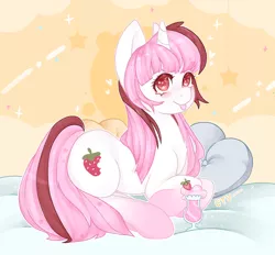 Size: 2000x1852 | Tagged: safe, artist:cartel_evision, artist:cartelevision, derpibooru import, oc, unofficial characters only, unicorn, :p, bed, blushing, heart, heart eyes, image, lying down, milkshake, multicolored hair, pillow, png, smiling, solo, tongue out, wingding eyes