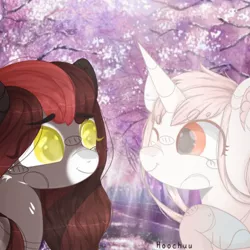 Size: 1280x1280 | Tagged: safe, artist:hoochuu, derpibooru import, oc, unofficial characters only, earth pony, pony, unicorn, bust, commission, duo, earth pony oc, eye clipping through hair, horn, image, jpeg, one eye closed, outdoors, smiling, unicorn oc, wink, ych result