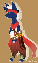 Size: 1280x2095 | Tagged: safe, artist:hoochuu, derpibooru import, oc, oc:shabaco, unofficial characters only, anthro, pony, unguligrade anthro, unicorn, arm wraps, clothes, commission, crossplay, horn, image, jpeg, paladins: champions of the realm, scarf, sha-lin, simple background, solo, unicorn oc, ych result