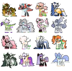 Size: 1059x1047 | Tagged: safe, artist:moonert, derpibooru import, oc, unofficial characters only, bat pony, earth pony, pegasus, pony, unicorn, base used, bat pony oc, bat wings, earth pony oc, ethereal mane, horn, image, looking back, pegasus oc, png, simple background, smiling, starry mane, transparent background, unicorn oc, wings