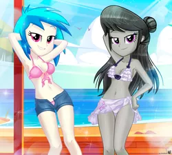Size: 1283x1154 | Tagged: suggestive, artist:charliexe, derpibooru import, octavia melody, vinyl scratch, bird, seagull, equestria girls, alternate hairstyle, arm behind head, armpits, beach, bedroom eyes, belly button, bikini, bra, clothes, denim, denim shorts, duo, duo female, female, females only, grin, hand on hip, image, jpeg, looking at you, panties, pink underwear, shorts, signature, smiling, smiling at you, swimsuit, underwear