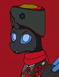 Size: 397x517 | Tagged: safe, derpibooru import, oc, changeling, equestria at war mod, blue eyes, clothes, commissar, communism, drone, gold muffin, goldenoshy1250, hat, image, military uniform, png, red background, red scarf, red star, simple background, smiling, uniform