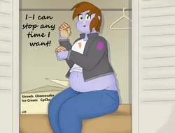 Size: 3180x2426 | Tagged: safe, artist:lupin quill, derpibooru import, oc, oc:neon sprinkles, equestria girls, bbw, belly, belly button, big belly, blatant lies, blushing, clothes, clothes hanger, crumbs, cupcake, denial, double chin, eating, fat, female, food, hiding, image, jacket, midriff, open mouth, png, solo, sweat, sweatdrop, thighs, thunder thighs, tight clothing, wardrobe malfunction