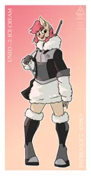 Size: 1772x3419 | Tagged: safe, artist:sneetymist, derpibooru import, oc, oc:ice cream, unofficial characters only, anthro, earth pony, pony, unguligrade anthro, boots, bottomless, clothes, female, fluffy, fluffy sweater, fur collar, gun, headband, image, jacket, mare, no tail, open mouth, partial nudity, png, rifle, shoes, simple background, smiling, solo, sweater, text, uniform, weapon, winter outfit