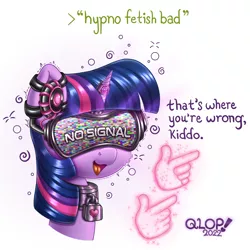 Size: 2000x2000 | Tagged: suggestive, alternate version, artist:qlop, derpibooru import, twilight sparkle, pony, unicorn, bust, collar, disembodied hand, earbuds, error, female, femsub, fetish, finger gun, finger guns, glitch, greentext, hand, heart, high res, horn, horn ring, hypnogear, hypnosis, hypnosis fetish, image, jewelry, latex, lock, magic, magic hands, mare, metal, padlock, png, ring, signature, simple background, solo, spiral, steel, submissive, technical difficulties, text, twisub, unicorn twilight, visor, white background