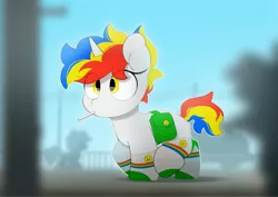 Size: 2553x1809 | Tagged: safe, artist:mochi_nation, derpibooru import, oc, oc:rubik star, unofficial characters only, pony, unicorn, bag, candy, clothes, eye clipping through hair, female, food, image, jpeg, lollipop, mare, mouth hold, saddle bag, socks, solo focus, walking