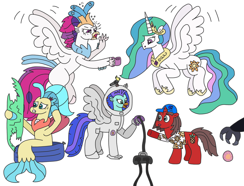 Size: 3201x2448 | Tagged: safe, artist:supahdonarudo, derpibooru import, princess celestia, princess skystar, queen novo, storm king, oc, oc:ironyoshi, oc:sea lilly, alicorn, bird, classical hippogriff, cockatiel, hippogriff, pony, seapony (g4), unicorn, my little pony: the movie, atg 2022, bite mark, chaos, clothes, coffee mug, controller, exhausted, hand, hat, holding, image, jewelry, mug, necklace, newbie artist training grounds, nintendo 64, pearl necklace, perching, png, queen novo's orb, shirt, simple background, spacesuit, surfboard, swimming pool, tired, transparent background
