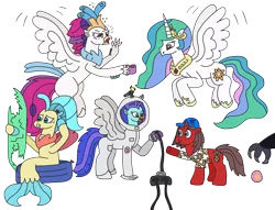 Size: 3201x2448 | Tagged: safe, artist:supahdonarudo, derpibooru import, princess celestia, princess skystar, queen novo, storm king, oc, oc:ironyoshi, oc:sea lilly, alicorn, bird, classical hippogriff, cockatiel, hippogriff, pony, seapony (g4), unicorn, my little pony: the movie, atg 2022, bite mark, chaos, clothes, coffee mug, controller, exhausted, hand, hat, holding, image, jewelry, mug, necklace, newbie artist training grounds, nintendo 64, pearl necklace, perching, png, queen novo's orb, shirt, simple background, spacesuit, surfboard, swimming pool, tired, transparent background