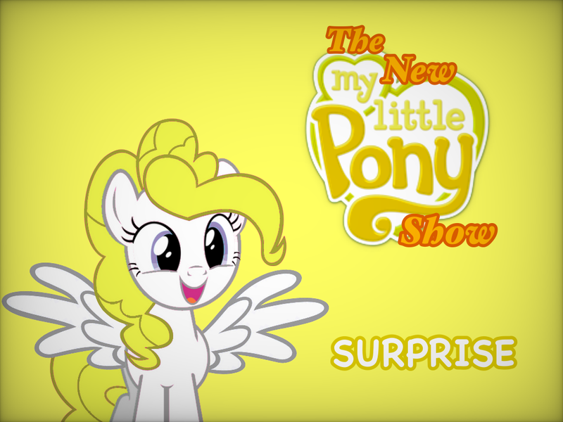 Size: 1024x768 | Tagged: safe, artist:tony hasbro, derpibooru import, surprise, pegasus, pony, series:the new my little pony show, adoraprise, crossover, cute, female, g1, g4, image, mare, open mouth, open smile, parody, png, simple background, smiling, solo, text, the new woody woodpecker show, voice, white text, woody woodpecker (series), yellow background