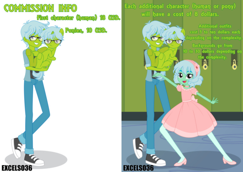 Size: 1870x1322 | Tagged: safe, derpibooru import, oc, oc:excelso, unofficial characters only, human, pony, equestria girls, advertisement, canterlot high, clothes, co:alexa, commission info, dress, glasses, high heels, human ponidox, image, jpeg, lockers, self paradox, self ponidox, shoes, smiling