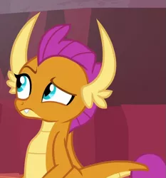 Size: 559x599 | Tagged: safe, derpibooru import, screencap, smolder, dragon, sweet and smoky, confused, image, looking up, png, raised eyebrow, solo