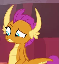 Size: 555x599 | Tagged: safe, derpibooru import, screencap, smolder, dragon, sweet and smoky, confused, image, looking down, png, raised eyebrow, solo