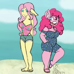Size: 2048x2048 | Tagged: safe, artist:mintymelody, derpibooru import, fluttershy, pinkie pie, anthro, plantigrade anthro, beach, breasts, busty fluttershy, busty pinkie pie, cleavage, clothes, ear fluff, feet, flip-flops, image, nail polish, png, sandals, swimsuit, toenail polish