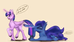 Size: 1600x915 | Tagged: safe, artist:tenebrisnoctus, derpibooru import, princess luna, twilight sparkle, twilight sparkle (alicorn), alicorn, pony, atg 2022, beige background, dragging, duo, face down ass up, female, image, magic, mare, newbie artist training grounds, png, simple background, telekinesis