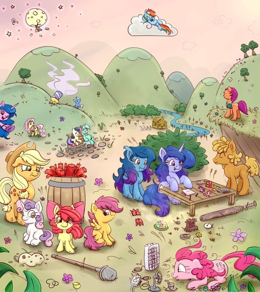 Size: 1778x2000 | Tagged: safe, artist:nedemai, derpibooru import, apple bloom, applejack, bon bon, derpy hooves, fluttershy, izzy moonbow, lyra heartstrings, pinkie pie, rainbow dash, scootaloo, sunny starscout, sweetie belle, sweetie drops, trixie, oc, earth pony, pegasus, pony, unicorn, atg 2022, barrel, baseball bat, cloud, cutie mark crusaders, dynamite, explosives, fans, female, filly, foal, g5, image, jpeg, mare, moon, mountain, newbie artist training grounds, shovel