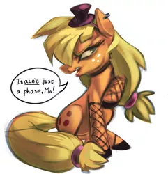 Size: 923x956 | Tagged: safe, artist:applepost67, derpibooru import, applejack, earth pony, pony, clothes, dialogue, ear piercing, female, fishnets, glare, goth, grumpy, hat, image, it's a phase, it's not a phase, jpeg, leggings, mare, piercing, ponytail, shoes, simple background, solo, speech bubble, tiny hat, top hat, white background