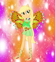 Size: 1147x1289 | Tagged: safe, artist:flormoonlight, artist:user15432, derpibooru import, applejack, fairy, human, equestria girls, alternate hairstyle, barefoot, barely eqg related, base used, clothes, crossed arms, crossover, cutie mark, cutie mark on clothes, dress, enchantix, fairy wings, fairyized, feet, gloves, gradient background, green dress, image, long gloves, long hair, looking at you, orange background, orange wings, pink background, png, ponied up, purple background, simple background, sparkly background, wings, winx, winx club, winxified