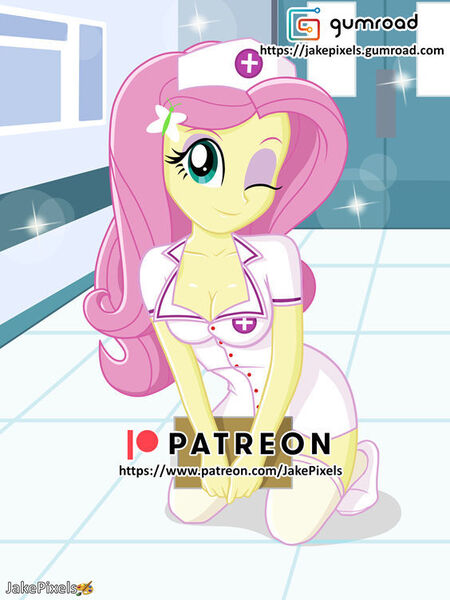 Size: 564x752 | Tagged: suggestive, artist:jakepixels, derpibooru import, fluttershy, human, equestria girls, adorasexy, breasts, busty fluttershy, cleavage, cute, female, folder, gumroad, gumroad logo, hospital, image, jpeg, looking at you, nurse, nurse outfit, one eye closed, patreon, patreon logo, paywall content, sexy, shyabetes, solo, solo female, wink, winking at you