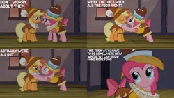 Size: 1280x720 | Tagged: safe, derpibooru import, edit, edited screencap, editor:quoterific, screencap, applejack, chancellor puddinghead, pinkie pie, smart cookie, earth pony, pony, hearth's warming eve (episode), season 2, boop, duo, eyes closed, female, image, mare, nose to nose, noseboop, open mouth, open smile, png, smiling, text
