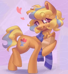 Size: 3710x4000 | Tagged: safe, artist:irinamar, derpibooru import, oc, unofficial characters only, earth pony, pony, abstract background, bag, bread, clothes, croissant, food, heart, image, jpeg, paper bag, scarf, solo, striped scarf