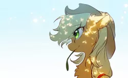 Size: 1505x914 | Tagged: safe, artist:swaybat, derpibooru import, applejack, earth pony, pony, applejack's hat, bust, chest fluff, cowboy hat, dappled sunlight, ear fluff, eye clipping through hair, female, hat, image, jpeg, mare, mouth hold, portrait, simple background, solo, straw in mouth, white background