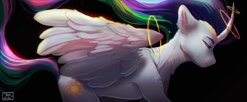 Size: 4096x1693 | Tagged: safe, artist:jaynsparkle, derpibooru import, princess celestia, alicorn, pony, crying, female, halo, image, jpeg, mare, solo