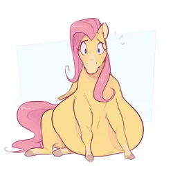 Size: 1374x1358 | Tagged: suggestive, artist:secretgoombaman12345, derpibooru import, fluttershy, horse, pegasus, pony, abstract background, belly, belly on floor, big belly, colored hooves, emanata, fat, fattershy, female, hoers, huge belly, image, plewds, png, simple background, sitting