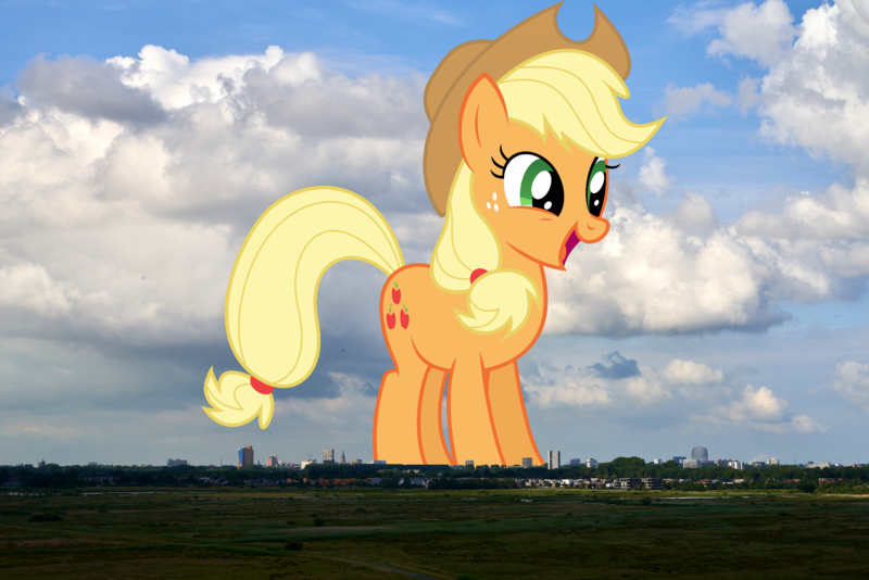 Size: 1920x1281 | Tagged: safe, artist:thegiantponyfan, derpibooru import, applejack, earth pony, pony, cowboy hat, female, giant pony, giant/macro earth pony, giantess, groningen, hat, highrise ponies, image, irl, macro, mare, mega applejack, netherlands, photo, png, ponies in real life, stetson