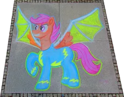 Size: 4195x3273 | Tagged: safe, alternate version, artist:malte279, derpibooru import, scootaloo, artificial wings, augmented, chalk, chalk drawing, clothes, galacon 2022, image, png, simple background, solo, traditional art, transparent background, uniform, wings, wonderbolts uniform