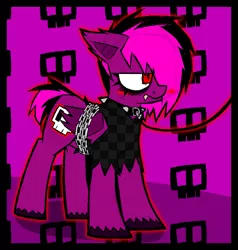 Size: 1537x1616 | Tagged: suggestive, artist:xxv4mp_g4z3rxx, derpibooru import, oc, oc:violet valium, bat pony, pony, angry, bags under eyes, bat pony oc, bat wings, blushing, bound wings, chained, clothes, collar, cutie mark, emo, eyeliner, fangs, female, hoodie, image, implied bdsm, leash, makeup, mare, png, red eyes, solo focus, spiked collar, tail, torn clothes, two toned mane, two toned tail, wings