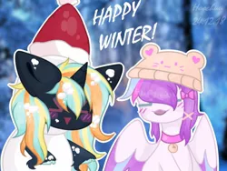 Size: 1280x960 | Tagged: safe, artist:hoochuu, derpibooru import, oc, unofficial characters only, pegasus, pony, unicorn, blushing, chibi, christmas, collar, commission, duo, eyes closed, hat, holiday, horn, image, jpeg, outdoors, pegasus oc, santa hat, smiling, unicorn oc, wings, ych result