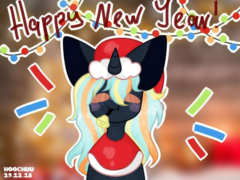 Size: 1280x960 | Tagged: safe, artist:hoochuu, derpibooru import, oc, unofficial characters only, pony, unicorn, bell, blush sticker, blushing, bust, christmas, commission, happy new year, hat, holiday, horn, image, jpeg, mouth hold, santa hat, solo, unicorn oc, ych result