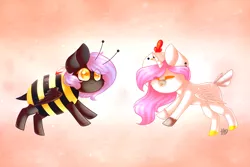 Size: 2000x1333 | Tagged: safe, artist:prettyshinegp, derpibooru import, oc, unofficial characters only, alicorn, pegasus, pony, abstract background, alicorn oc, animal costume, bee costume, chicken suit, clothes, costume, duo, female, horn, image, mare, pegasus oc, png, wings