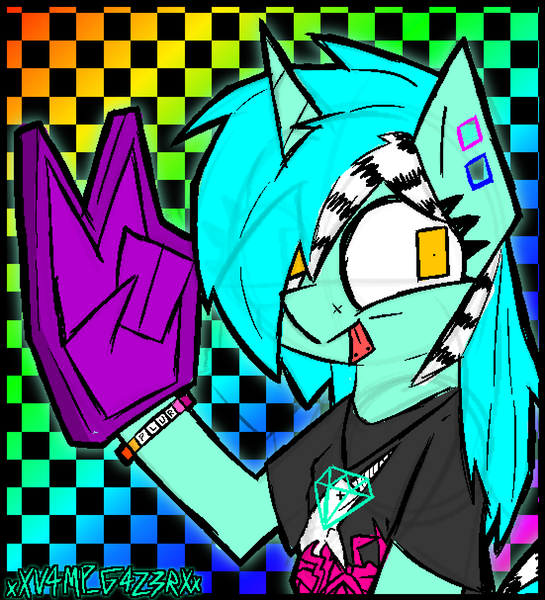 Size: 1102x1214 | Tagged: safe, artist:xxv4mp_g4z3rxx, derpibooru import, lyra heartstrings, pony, unicorn, :p, alternate design, alternate hairstyle, bracelet, checkered background, ear gauges, eyestrain warning, female, foam finger, i set my friends on fire, image, jewelry, mare, necklace, png, scene, signature, solo, tongue out