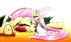 Size: 2983x1790 | Tagged: safe, artist:questionmarkdragon, derpibooru import, fluttershy, oc, oc:flutterozoa, monster pony, pegasus, pony, abstract background, clothes, duo, eyes closed, female, image, macro, mare, mother and child, mother and daughter, parent:fluttershy, parents:canon x oc, petting, png, size difference, underhoof