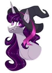 Size: 1297x1800 | Tagged: safe, artist:purplegrim40, derpibooru import, oc, unofficial characters only, pony, unicorn, bust, female, hat, horn, image, mare, png, simple background, solo, transparent background, unicorn oc, witch hat