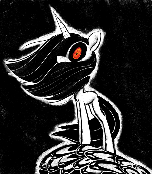 Size: 2176x2481 | Tagged: safe, artist:jimmyjamno1, derpibooru import, oc, oc:malice, unofficial characters only, pony, unicorn, black and white, black background, black sclera, creepy, female, grayscale, high res, image, jpeg, mare, monochrome, neo noir, partial color, simple background, solo, wind, windswept mane