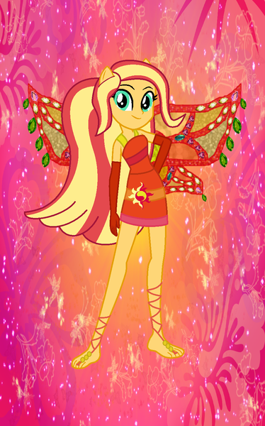 Size: 885x1419 | Tagged: safe, artist:ketrin29, artist:user15432, derpibooru import, sunset shimmer, fairy, human, equestria girls, alternate hairstyle, barefoot, barely eqg related, base used, clothes, crossover, cutie mark, cutie mark on clothes, dress, enchantix, fairy wings, fairyized, feet, gloves, hand on hip, hibiscus, image, long gloves, long hair, looking at you, png, ponied up, red background, red dress, red wings, simple background, sparkly background, wings, winx, winx club, winxified