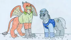 Size: 961x548 | Tagged: safe, artist:jose-ramiro, derpibooru import, ponified, earth pony, gryphon, pony, crossover, duo, female, griffonized, image, jpeg, judy hopps, male, mare, nick wilde, police uniform, policemare, species swap, traditional art, zootopia