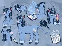 Size: 1280x951 | Tagged: safe, artist:s0ftserve, derpibooru import, oc, oc:rainy morning, pony, unicorn, book, female, food, ice cream, image, jpeg, magic, magic aura, mare, ponysona, reference sheet, solo