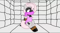 Size: 1192x670 | Tagged: safe, artist:darkstorm619, artist:sonicrock56, derpibooru import, oc, oc:violet, earth pony, pony, animated at source, bondage, bound and gagged, cloth gag, damsel in distress, gag, image, jpeg, padded cell, superhero, tied up